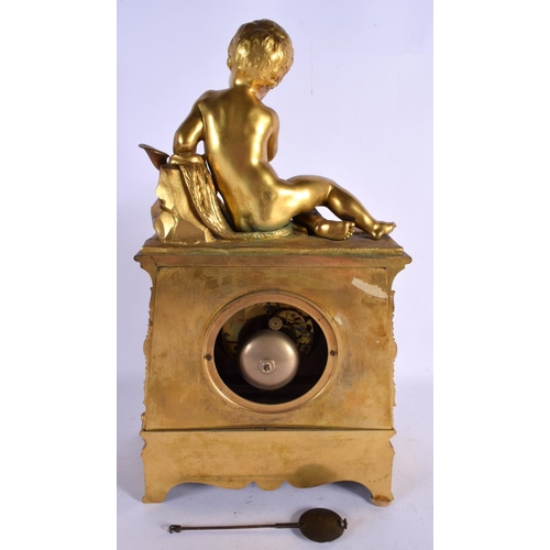 443 - A LARGE 19TH CENTURY FRENCH GILT BRONZE MANTEL CLOCK formed as figures upon an acanthus capped base.... 