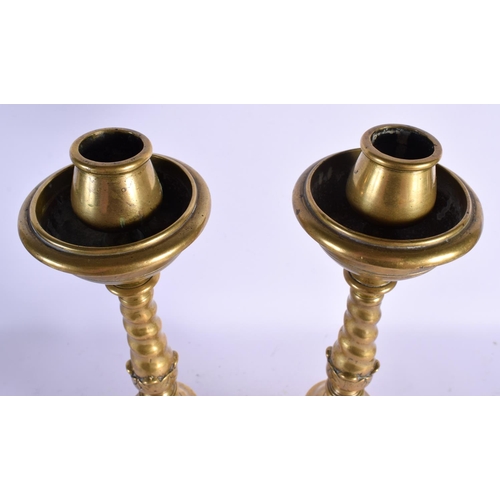 450 - A LARGE PAIR OF 18TH CENTURY CONTINENTAL BRONZE CANDLESTICKS. 41 cm high.