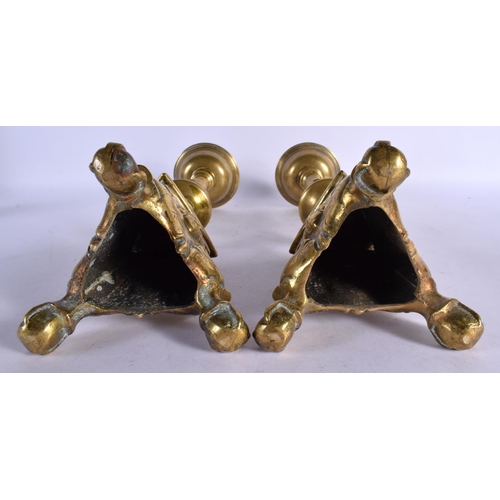 450 - A LARGE PAIR OF 18TH CENTURY CONTINENTAL BRONZE CANDLESTICKS. 41 cm high.