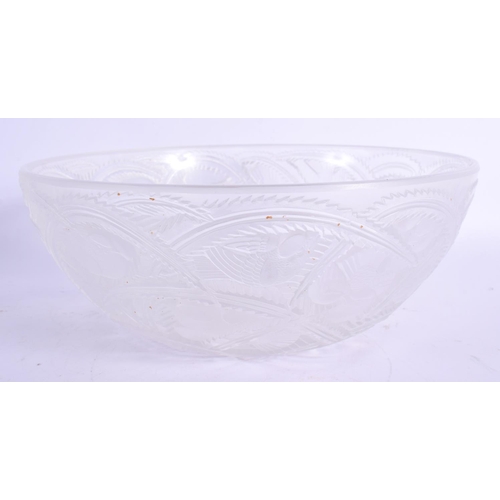 47 - A LARGE FRENCH LALIQUE GLASS BOWL decorated with birds and motifs. 22 cm diameter.