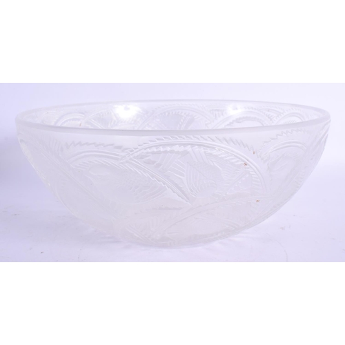 47 - A LARGE FRENCH LALIQUE GLASS BOWL decorated with birds and motifs. 22 cm diameter.