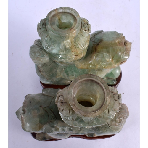 470 - A LARGE PAIR OF 19TH CENTURY CHINESE GREEN QUARTZ STONE FIGURES modelled as buddhistic lions. 24 cm ... 