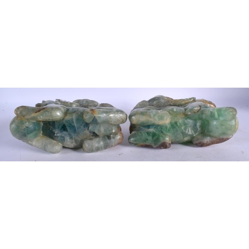 470 - A LARGE PAIR OF 19TH CENTURY CHINESE GREEN QUARTZ STONE FIGURES modelled as buddhistic lions. 24 cm ... 