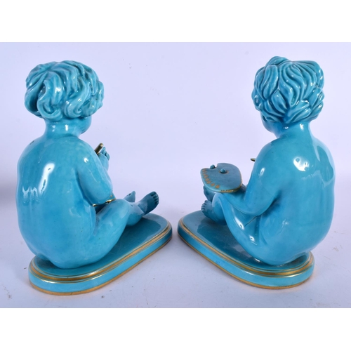 51 - A PAIR OF 19TH CENTURY BLUE GLAZED TURQUOISE FIGURES Sevres or Minton.15 cm x 12 cm.