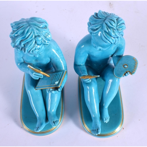 51 - A PAIR OF 19TH CENTURY BLUE GLAZED TURQUOISE FIGURES Sevres or Minton.15 cm x 12 cm.