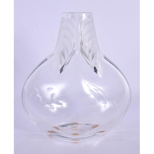 52 - A FRENCH LALIQUE GLASS VASE decorated with foliage. 18 cm x 13 cm.