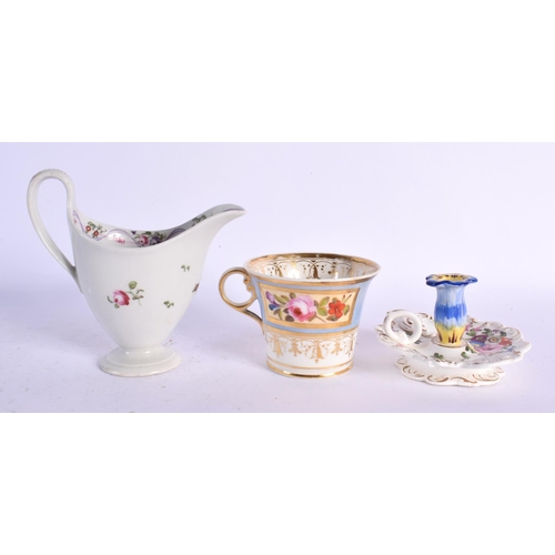 558 - AN 18TH CENTURY NEWHALL CREAM JUG together with a cup & saucer and a chamber stick. (4)