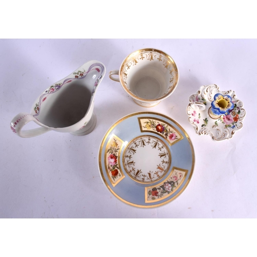 558 - AN 18TH CENTURY NEWHALL CREAM JUG together with a cup & saucer and a chamber stick. (4)