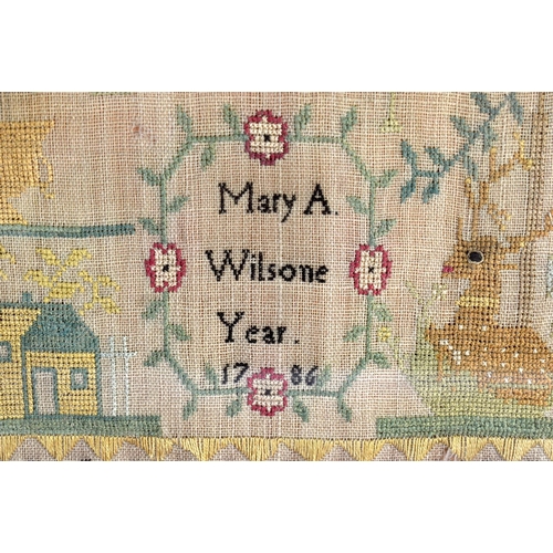 566 - AN 18TH CENTURY FRAMED SAMPLER by Mary A Wilsone 1786. 46 cm x 22 cm.