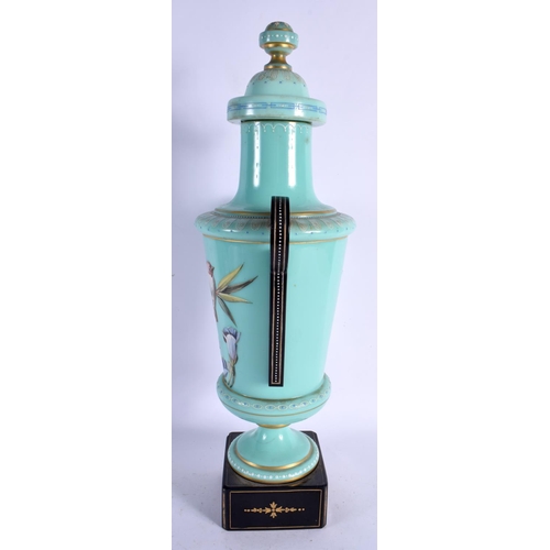 570 - A FINE 19TH CENTURY BLUE ENAMELLED OPALINE GLASS VASE AND COVER. 43 cm x 10 cm.