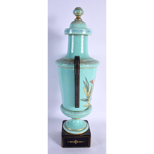 570 - A FINE 19TH CENTURY BLUE ENAMELLED OPALINE GLASS VASE AND COVER. 43 cm x 10 cm.