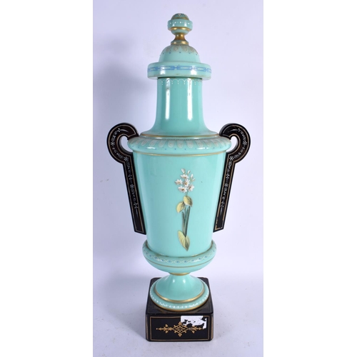 570 - A FINE 19TH CENTURY BLUE ENAMELLED OPALINE GLASS VASE AND COVER. 43 cm x 10 cm.