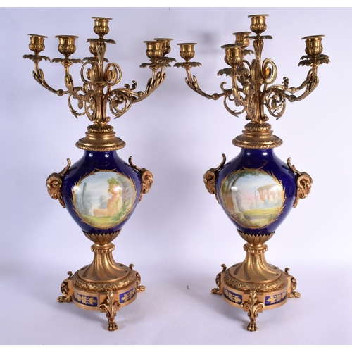 572 - A FINE LARGE PAIR OF 19TH CENTURY FRENCH SEVRES PORCELAIN CANDELABRA with gilt bronze mounts. 58 cm ... 