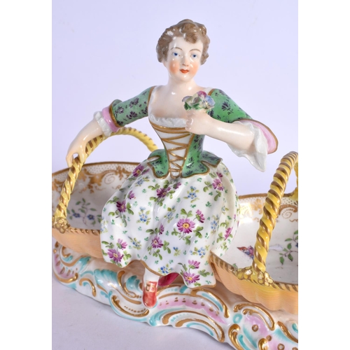 61 - A PAIR OF 19TH CENTURY EUROPEAN TWIN HANDLED PORCELAIN TABLE SALTS modelled as figures upon baskets.... 