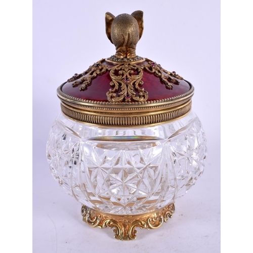 624 - A FINE CONTINENTAL SILVER AND ENAMEL JEWELLED CUT GLASS JAR AND COVER with elephant finial. 14 cm x ... 