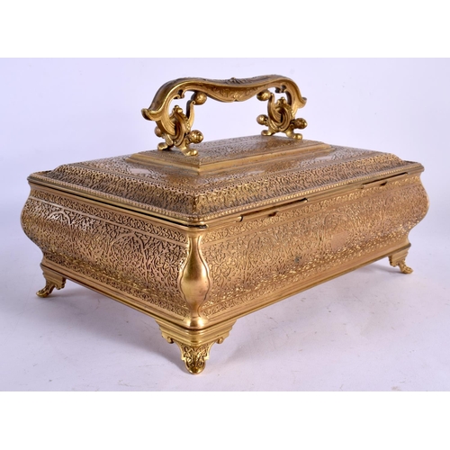 627 - A LARGE ANTIQUE GILT BRONZE CASKET decorated with foliage. 26 cm x 17 cm.