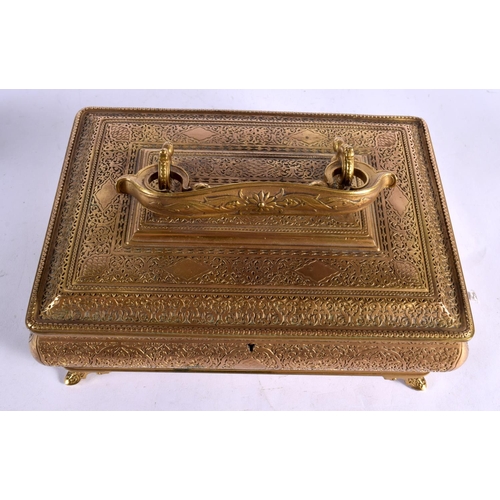 627 - A LARGE ANTIQUE GILT BRONZE CASKET decorated with foliage. 26 cm x 17 cm.