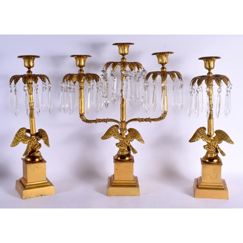 644 - A LARGE 19TH CENTURY FRENCH BRONZE AND CRYSTAL GLASS EAGLE GARNITURE. 48 cm x 30 cm. (3)