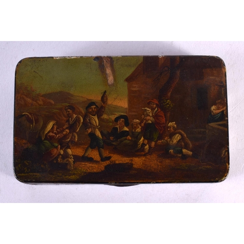 647 - AN ANTIQUE PAINTED TIN BOX. 11 cm x 8 cm.