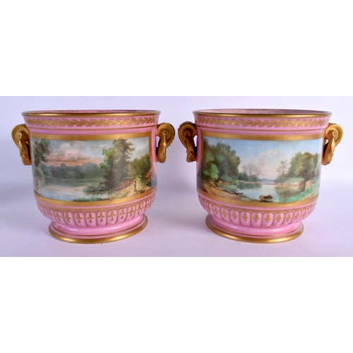 68 - A PAIR OF 19TH CENTURY FRENCH PARIS PORCELAIN JARDINIERES painted with putti in various pursuits. 20... 