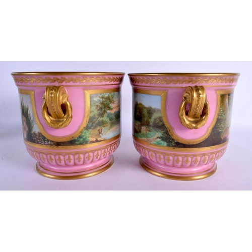 68 - A PAIR OF 19TH CENTURY FRENCH PARIS PORCELAIN JARDINIERES painted with putti in various pursuits. 20... 