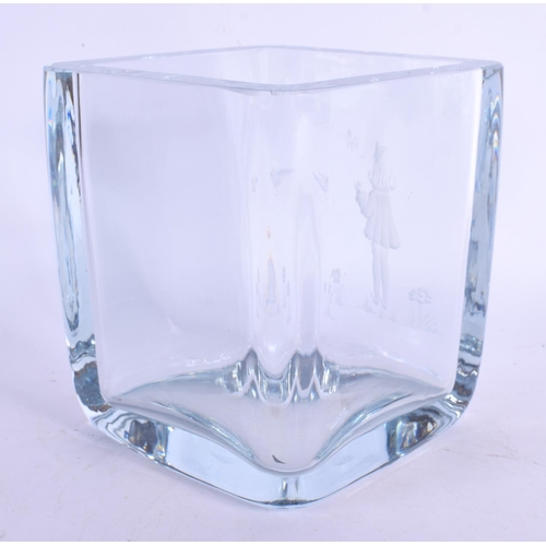 7 - A CHARMING SCANDINAVIAN CLEAR GLASS VASE decorated with a girl with flowers. 12 cm x 10 cm.