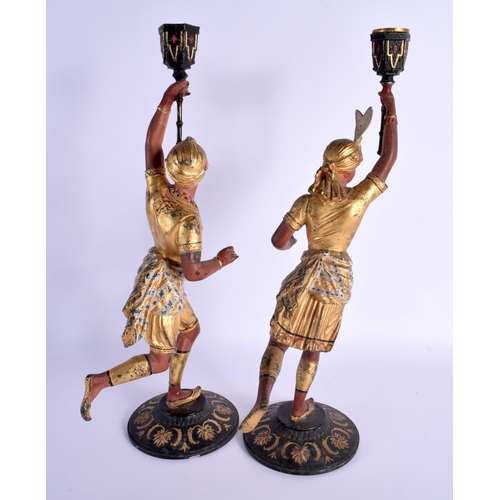 742 - A LARGE PAIR OF ANTIQUE COLD PAINTED METAL CANDLESTICKS. 42 cm high.