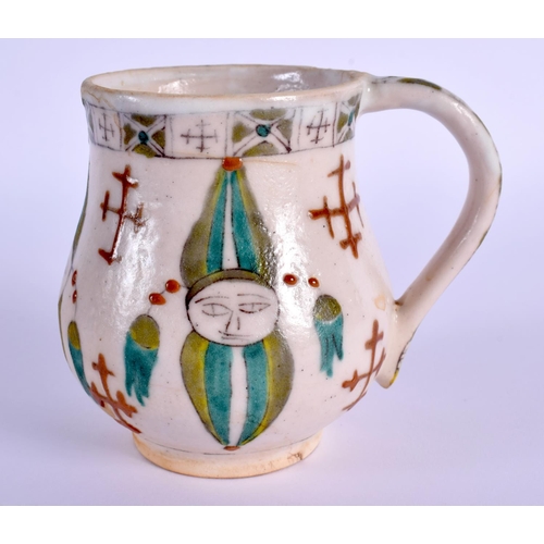 745 - AN OTTOMAN TURKISH KUTAHYA HOLY WATER CUP painted with figures. 9 cm x 9 cm.