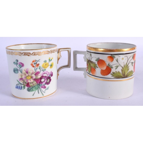 77 - TWO 19TH CENTURY CONTINENTAL PORCELAIN CUPS AND SAUCERS painted with flowers. 10 cm diameter. (4)