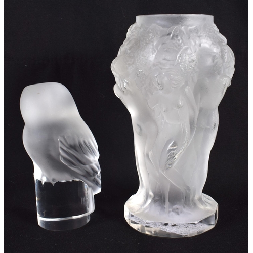 88 - A FRENCH LALIQUE GLASS FIGURAL VASE together with a similar owl. Largest 14 cm high. (2)