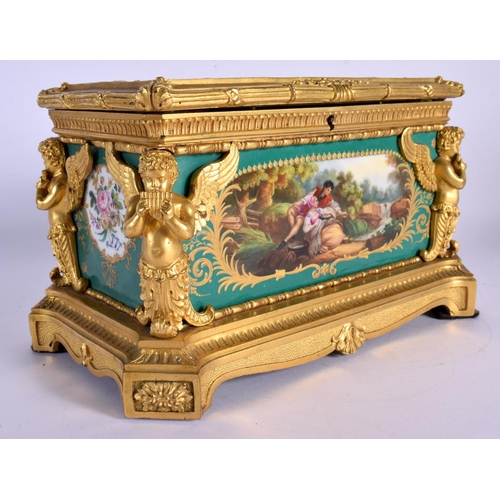 9 - A FINE MID 19TH CENTURY FRENCH SEVRES PORCELAIN AND ORMOLU CASKET painted with figures within landsc... 