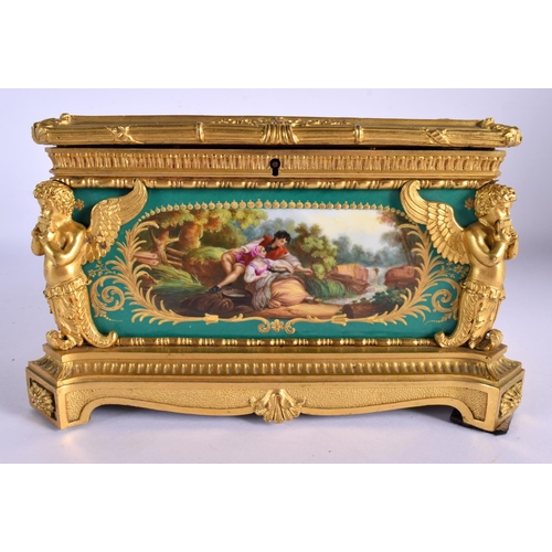 9 - A FINE MID 19TH CENTURY FRENCH SEVRES PORCELAIN AND ORMOLU CASKET painted with figures within landsc... 