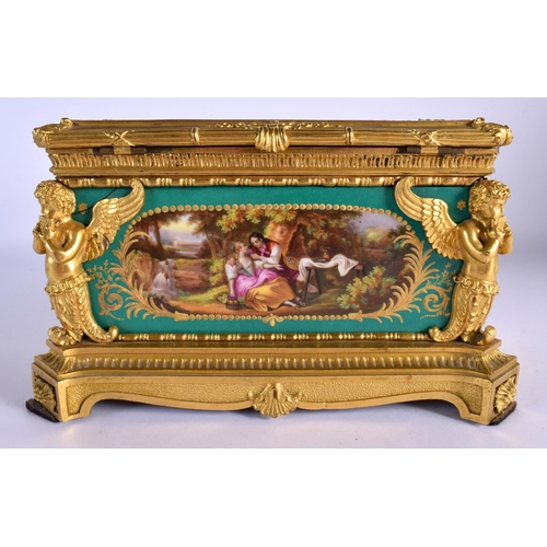 9 - A FINE MID 19TH CENTURY FRENCH SEVRES PORCELAIN AND ORMOLU CASKET painted with figures within landsc... 