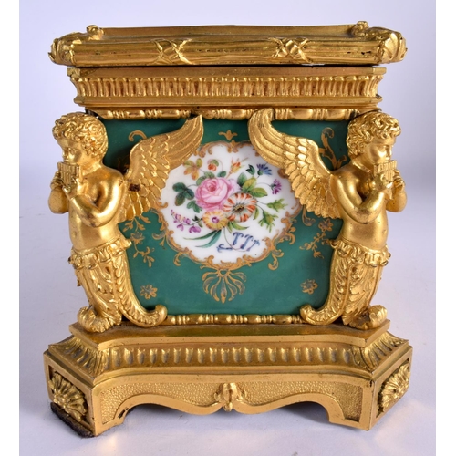 9 - A FINE MID 19TH CENTURY FRENCH SEVRES PORCELAIN AND ORMOLU CASKET painted with figures within landsc... 