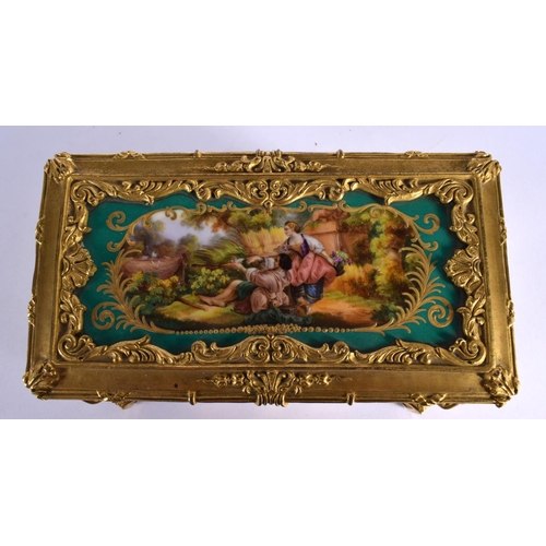 9 - A FINE MID 19TH CENTURY FRENCH SEVRES PORCELAIN AND ORMOLU CASKET painted with figures within landsc... 