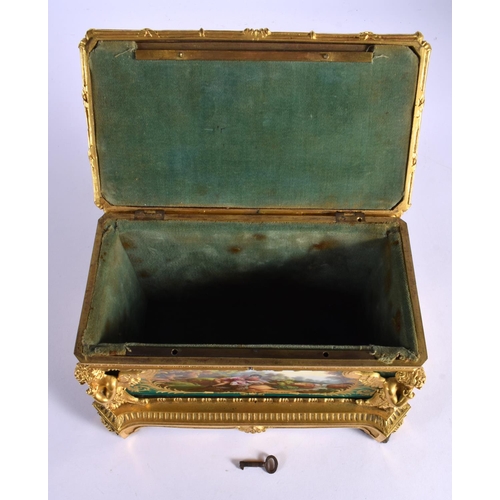 9 - A FINE MID 19TH CENTURY FRENCH SEVRES PORCELAIN AND ORMOLU CASKET painted with figures within landsc... 