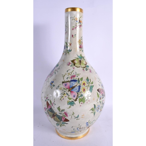 92 - A LARGE 19TH CENTURY CONTINENTAL PORCELAIN BULBOUS VASE painted with butterflies. 40 cm x 15 cm.