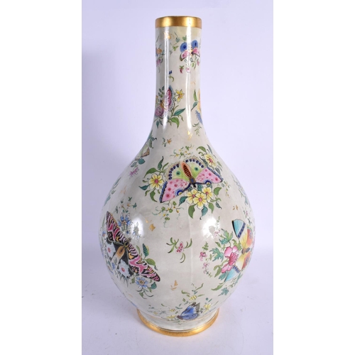 92 - A LARGE 19TH CENTURY CONTINENTAL PORCELAIN BULBOUS VASE painted with butterflies. 40 cm x 15 cm.