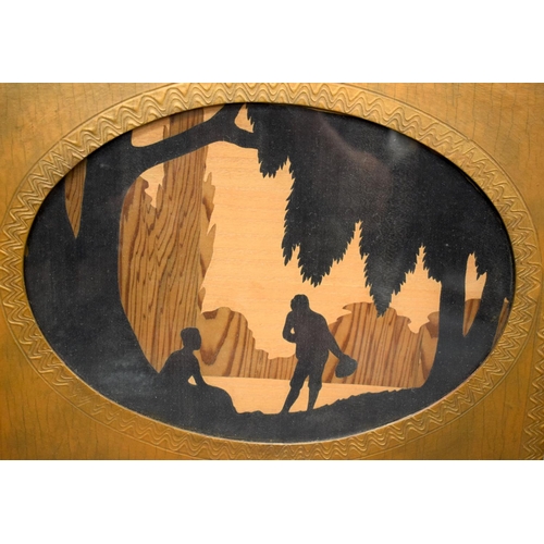 1454 - A RARE ART DECO ROWLEY GALLERY MIXED WOOD LACQUERED MIRROR entitled 'The Meeting'. 85 cm x 45 cm.