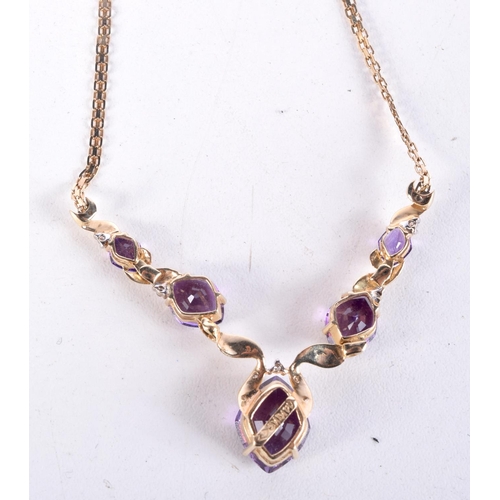 754 - A 14CT GOLD DIAMOND AND AMETHYST NECKLACE.  Stamped 14K, Length 45cm, weight 9.4g