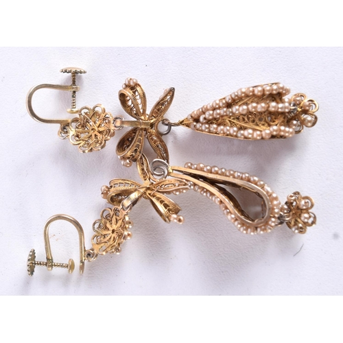 755 - A PAIR OF SEED PEARL EARRINGS WITH FILIGREE MOUNTS.  7cm x 1.7cm, weight 7.8g