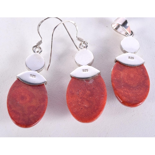 759 - A PAIR OF SILVER, CORAL AND PEARL EARRINGS TOGETHER WITH A MATCHING PENDANT.  Stamped 925, 1.5cm dro... 