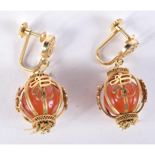 761 - A PAIR OF 14CT GOLD AND CORNELIAN EARRINGS IN THE FORM OF CHINESE LANTERNS  Stamped 14K, 4.3cm x 1.7... 