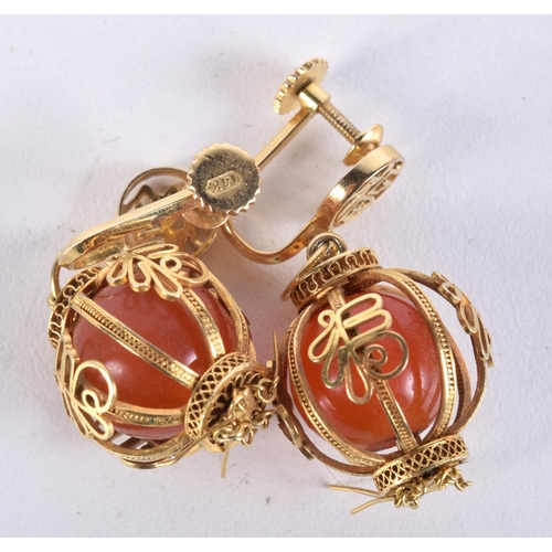 761 - A PAIR OF 14CT GOLD AND CORNELIAN EARRINGS IN THE FORM OF CHINESE LANTERNS  Stamped 14K, 4.3cm x 1.7... 