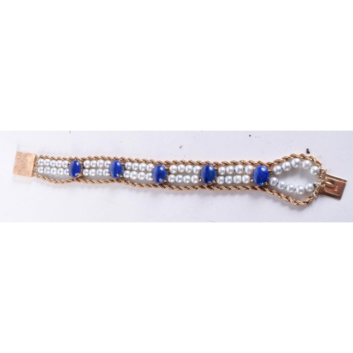 769 - A 14CT GOLD, PEARL AND LAPIS BRACELET.  Stamped 14K, 16.5cm long, weight 29.4g