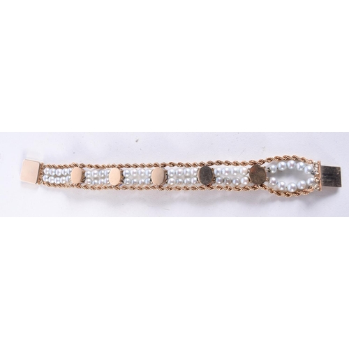 769 - A 14CT GOLD, PEARL AND LAPIS BRACELET.  Stamped 14K, 16.5cm long, weight 29.4g