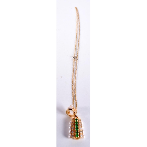 776 - A 14CT GOLD, PEARL, DIAMOND AND EMERALD NECKLACE.  Stamped 14K, Chain 46cm long, Pendant 3.4cm x 1.6... 