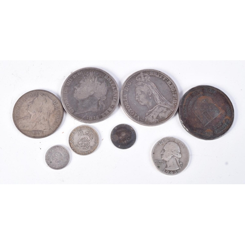 794 - EIGHT SILVER COINS INCLUDING A BIRMINGHAM WORKHOUSE ONE POUND NOTE COIN.  Total weight 105.9g (8)