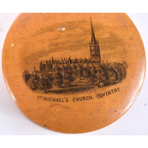 808 - A MAUCHLINE WARE SNUFF BOX DEPICTING ST MICHAELS CHURCH COVENTRY.  5.6cm x 1.6cm