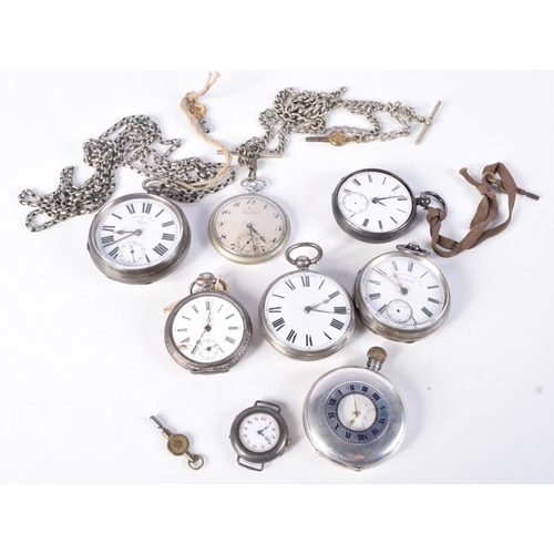 840 - A GROUP OF EIGHT SILVER POCKET WATCHES SOME WITH CHAINS AND KEYS.  Various marks, total weight 869g